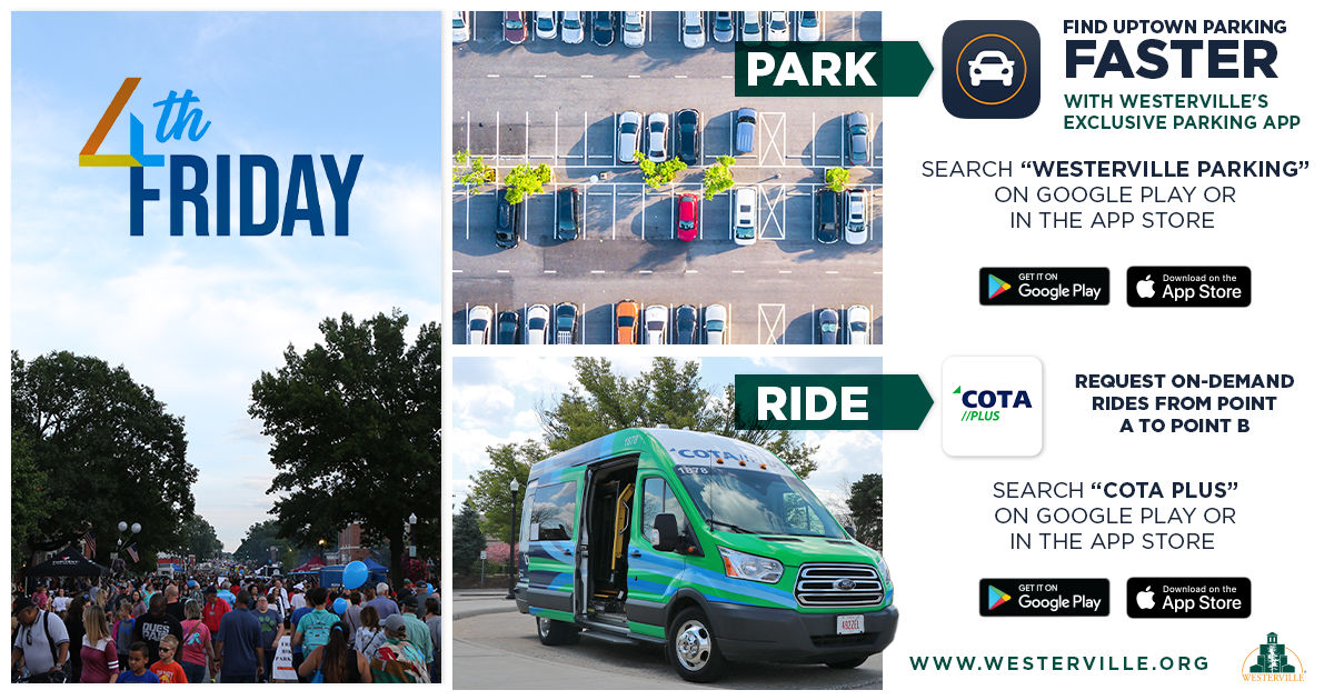 Image promoting the Westerville Parking and COTA//Plus mobile applications.